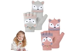 SDXCJY 2 Pairs Kids Cartoon Fingerless Gloves, Convertible Flip Top Half Finger Mittens Winter Stretchy Warm Knit Gloves, Christmas Gifts for Boys Girls.