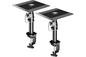 suptek Clamp-on Speaker Stand Desk Mount Set, 9.6 x 8.8 inch Trays, Height Adjustment and Tilt, Universal Audio Holders for Computer and Bookshelf Speakers, Elevated Sound, 2 Pack, Black, SDM001B