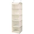 BrilliantJo Hanging Storage with 5 Shelves Wardrobe Closet Organiser, Storage Shelves Unit with 6 Pockets for Clothes - Beige(30 x 30 x 108cm)