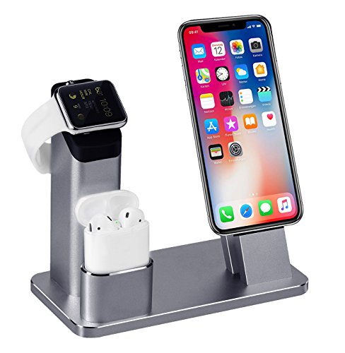 TOFURT 4 en 1 Apple Watch Stand support de Chargement écran iPhone station de recharge support Cradle pour iWatch Series 3/2/1/AirPods/iPhone X/8/8 Plus/7/7 Plus/6S/6S Plus/iPad - Gris