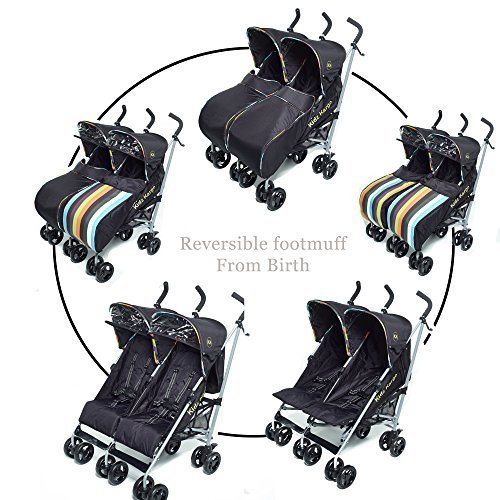 Buggies Twin Citi Elite Double stroller twin buggy with footmuffs Suitable for single doors Both seats 5 appropriate positions of the seats of birth operate independently UNIQUE reflective tape on the visa for extra security 2 small babies or 2 complete with rain cover sold by KIDZ KARGO Candy Stripe