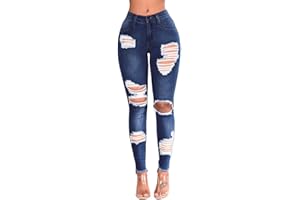 ORANDESIGNE Jeans da Donna Casual Vita Alta Fori Skinny Pantaloni Jeans Strappati Sottili Lunghi Pantaloni Elasticizzati Pantaloni Casual Pantaloni Denim