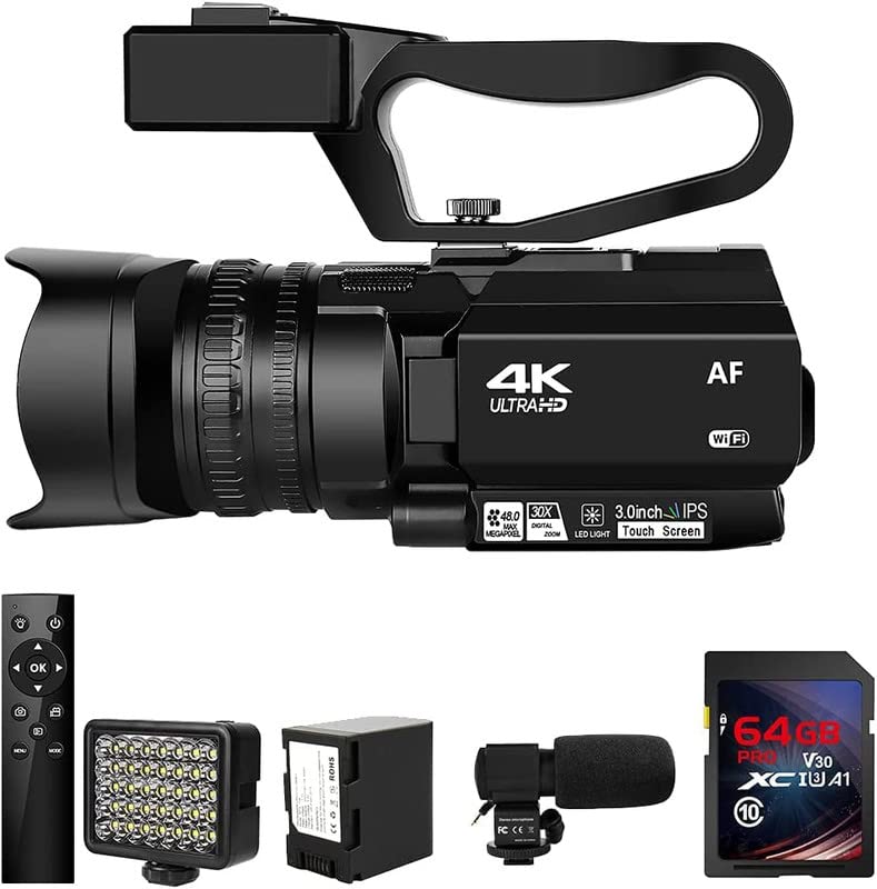 LEQTRONIQ 4K HD Auto Focus Video Camera with 48MP 30FPS 18X Digital Zoom; Camcorder with 4500mAh Battery, Handheld Stabilizer, Remote Control, Microphone & 64GB SD Card
