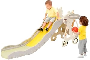 EULEUY 2 In 1 Baby Slide with Basketball Hoop,Kids Garden Slide,Indoor/Outdoor Play Equipment for Children,Freestanding Toddler Slide Toy,Climbing Frame,Gifts For Girls Boys (Little Horse)