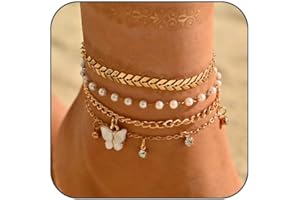 Reaky Lot de 4 bracelets de cheville en plaqué or avec perles en forme de papillon - Style bohème - Pour femme