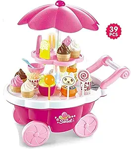 Brand Conquer Ice Cream Plastic Trolley Pretend Role Play Set with LED Lights and Music | Battery Operated | Learning and Educational Toy for Kids (39 Pcs)