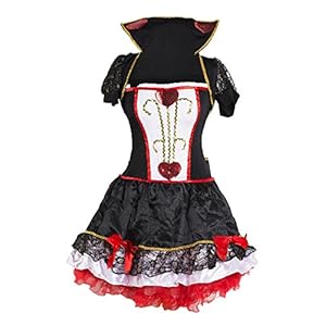 Traje de fantasía de Reina de Corazones por Emma’s Wardrobe – incluye vestido rojo y negro, chaqueta con cuello, y venda – Disfraz de mujeres de Alicia en el país de las maravillas para Halloween, fiestas del té – Tamaños 6-16
