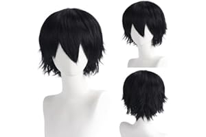 FOUNSHO Anime Peluca Corta Negro para Hombre Mujer, 12 Inch/30 cm Adulto Cosplay Pelucas Corta, Años 70 80 Cosplay Disfraz Peluca Hombre Natural Lacio Postizo Peluca para Halloween Fiesta (Negro)