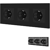BSEED Wall Plug with Glass Panel, Black Triple Schuko Plug with Clips, 16A 250V Recessed Power Outlets, Wall Plug Apply for K