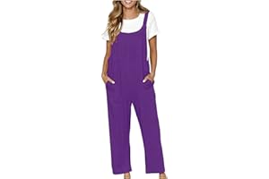 ‎MASRIN Jumpsuits Damen Baumwoll Leinen Latzhose Lang Oversize Arbeitshose Cargohose Einfarbig Einteiler Overall Breite Bein Bib Pants mit großer Tasche Ärmellos Spielanzug Jumper Cargo Hose Streetwear