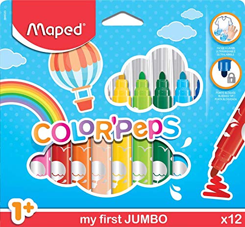 Maped Color'Peps Gros Feutres de Coloriage Premier âge pour Bébé et Enfant dès 1 an avec Pointe Sécurisée et Encre Lavable à l'eau - Boîte de 12 Feutres Jumbo Assortis