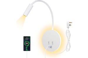 ERWEY Bedside Wall Lamp, LED Reading lamp,Wall Mounted Reading Light 3000K (3W+8W) with Switch and USB Charging, Wall Spotlight 360° swivelling gooseneck with Plug and Cable for Bedroom, White