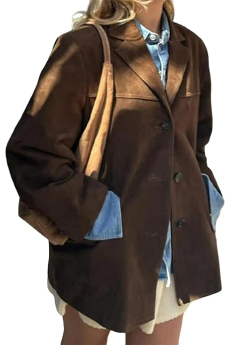 Giacca Donna In Pelle Scamosciata Vintage - Blazer Elegante Con Collo A Revers, Stile Streetwear Autunnale - Foto 7