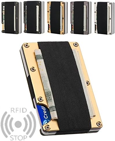 Aluminum Slim Wallet Front Pocket Minimalist Wallet &amp; Elastic Money Clip RFID Blocking Wallet for Women Men (Gold)
