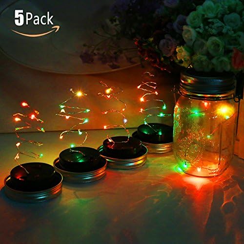 5 Pack Solar Mason Jar Lid Lights,Waterproof Solar Jar Lid, 10 LED String Fairy Light Glass Mason Jars for Garden Deck Patio Party Wedding Christmas Outdoor Decorative Lighting ( 5 Mutil-Color Flashing )