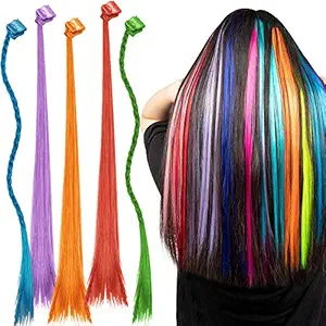 Sanas Colored Hair Extensions 6 Pieces With Clutchers Colorful Strands Strips For Highlighting Hair Strips Party Wear Braided Clip-on For Women Girls Kids Color Fully Pony Extension ? 6 Pieces