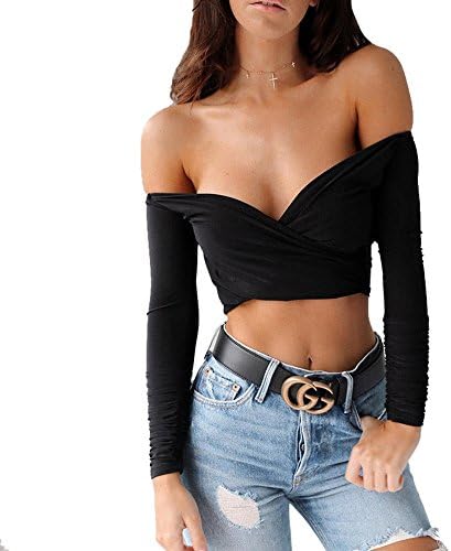 Sfit Womens Long Sleeve Sexy Deep V-Neck Off Shoulder Tube Tops Casual Crop Tops