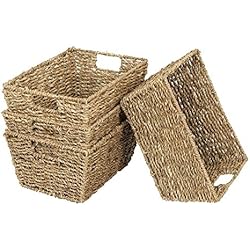Woodluv Lot de 4 corbeilles de rangement rectangulaires avec poignées intégrées en jonc de mer
