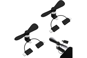 TUKNN Mini-Handy-Lüfter, 3-in-1 Mini-Handy-Ventilator, Tragbarer Kühler Rotierender Ventilator, Kompatibel mit iPhone/Micro-USB/Typ C(Schwarz-2pcs)