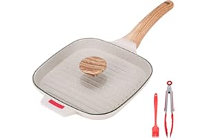 Bobikuke Bistecchiera Antiaderente con Coperchio, Padella Griglia Pietra 21 cm Quadrata per Induzione, Alluminio pressofuso, Bianco