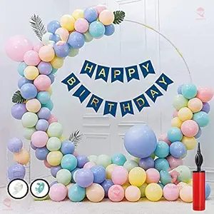Hemito Birthday Decoration Kit 56 pc ? Multicolour Pastel Balloons Combo with Birthday Banner, Arc, Glue Dot Knot Tool and Flower Clip for girls Kids Baby Birthday Decoration Items | Birthday Decoration Combo