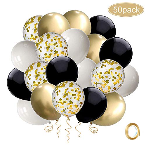 YMSZ Ballon Noir Confettis Or, 50 pièces 12 Pouces Ballons de Fête en Latex Blanc Ensemble avec Ruban d'or pour Les Décorations de Fête de Naissance d'anniversaire