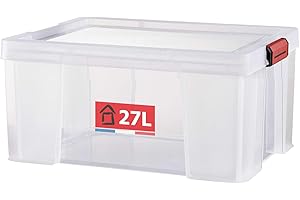 SUNDIS Clip’N Store, boîte de rangement 27L en plastique transparent, renforcée avec couvercle clipsable, aptes au contact alimentaire, parois droites, superposable et combinable