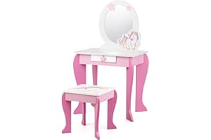 RELAX4LIFE 2 in 1 Kinder Schminktisch, Frisiertisch mit Hocker & abnehmbarem Spiegel & Schublade, Frisierkommode Holz, Spiegeltisch mit Stabiler Struktur, Süßes Geschenk für Mädchen Prinzessin (Rosa)