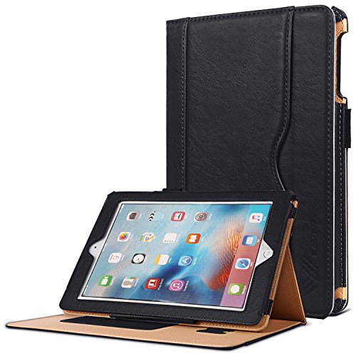 SAVFY iPad Mini 1/2/3 Hülle Auto Sleep Wake up Funktion Business Serie Case Smart Cover mit Klettverschluss Handschlaufe, Kartensteckplätze schwarz