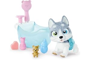 Simba 105953560 - Pamper Petz Husky con vasca da bagno, con funzione di pompaggio, bottiglia di schiuma, siringa d'acqua, giocattolo da 25 cm, a partire dai 3 anni, multicolore