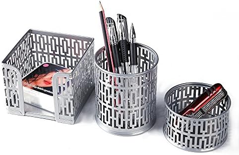 Metal Mesh Computer Desk Tidy Organiser Office Supplies Set of 3 Pieces, Scratch-resistant (Silver, A)