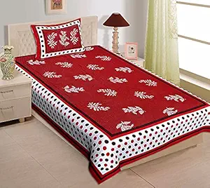 UNIBLISS Cotton Floral Rajasthani Jaipuri Traditional Comfort Bedsheet with One Pillow Cover - (Red, Single) 139