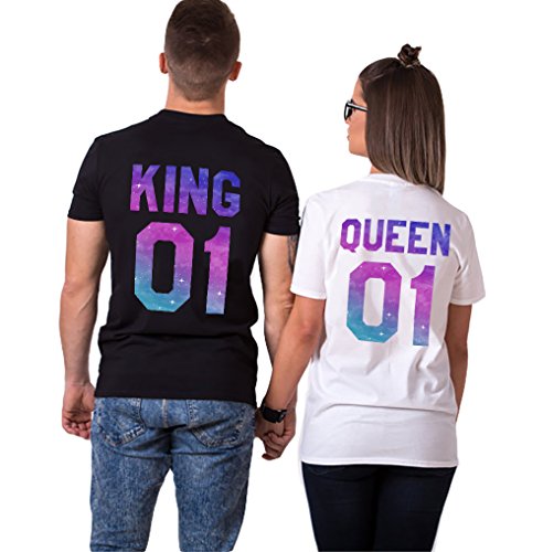 Pareja Camiseta King Queen 100% Algodón Shirt 2 Piezas Impresión Manga Corta T-Shirt Cuello Redondo para Mujer Hombre Regalo de San valentín Couple(Negro+Blanco,M+S)