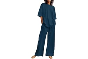 HAOLEI Set di Due Pezzi di Lino Casual Completo Casa Larghi Taglie Forti Curvy Tuta Elegante Camicia + Pantaloni Lino Completa Larghi Tuta Estiva Confortevole Due Pezzi Regalo per la Festa Della Mamma
