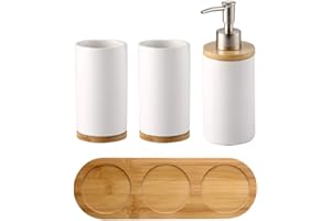 OnePine Set di 4 Accessori per Bagno, Ceramica, con Dispenser per Sapone, Portaspazzolino, Bicchiere per Lo Spazzolino, Vassoio di bambù