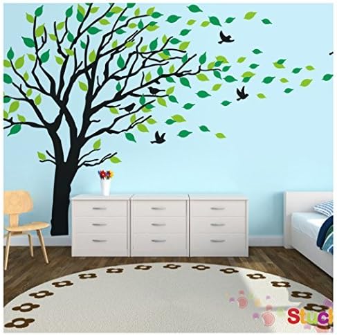 Zhide Large Green Tree Blowing in the Wind Tree Removable Wall Stickers Home Decals (Black)