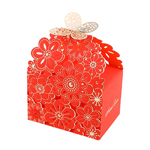 Amosfun Wedding Candy Box Craft Paper Box Flower Butterfly Pattern Hollow Out Sweets Gift Holders for Birthday Wedding Party(Red Large Size) 20 Pcs