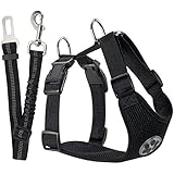 SlowTon No-Pull-Hundegeschirr einstellbar weich Brustgeschirr sicher Kontrolle Softgeschirr Hunde Geschirr bequem für Hunde Haustier mit Premium Hunde-Sicherheitsgurt Auto Sicherheitsgurt Anschnallgurt Nylon Gurt Idealer Autogurt-Adapter für Hunde-Geschirr oder Halsband, Leine Halsband Geschirr Set, Schwarz