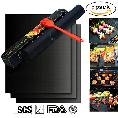 BBQ Grillmatte-3er Set zum Grillen und Backen aus Silikon mit Antihaftbeschichtung für bis 0.2 mm dick - 33x40 cm ideal für Gas Kohle Grill und Backofen geeignet LFGB und FDA Zulassung