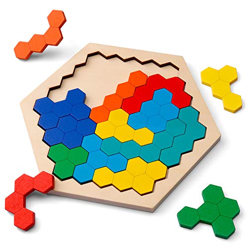 Coogam Wooden Hexagon Puzzle - Shape Block Tangram Brain Teaser Toy Geometry Logic IQ Game STEM Montessori Educational Gift for All Ages Challenge