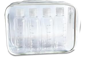 CONSTEFIRE Set Borsa da Toilette Trasparente e Bottigliette da Viaggio per Aereo,4 PCS flaconi da viaggio aereo 100ml & flacone spray vuoto da viaggio, Contenitori Liquidi bottiglie per Shampoo Lozione Cosmetici