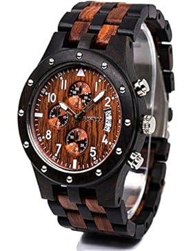 Bewell W109D Triple Dial African Black Sandelholz Men Round Business Hypoallergene Natur Holzuhr mit Kalender...