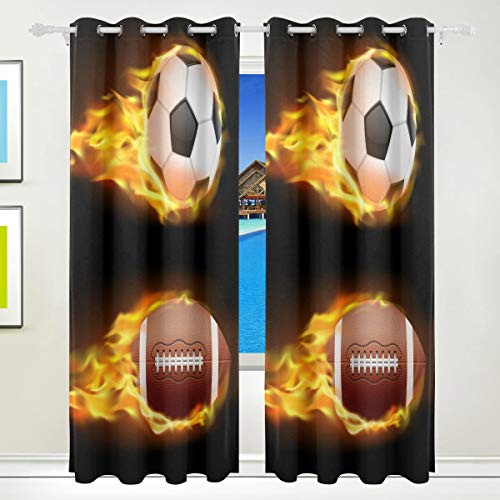 Preisvergleich Produktbild WENYAO Burning Soccer und American Football Print Wärmeisolierte Verdunkelungsraum Verdunkelungsvorhänge für Schlafzimmer Wohnzimmer 55 'B x 84' L, 2 Panels