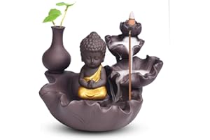VOHESEA Goldener Buddha Waterfall Backflow Räucherbrenner Burner Wasserfall Weihrauchhalter Incense Holder Goldener Buddha Räuchergefäß Keramik Weihrauchbrenner für Familie Büro Schlafzimmer Ornament