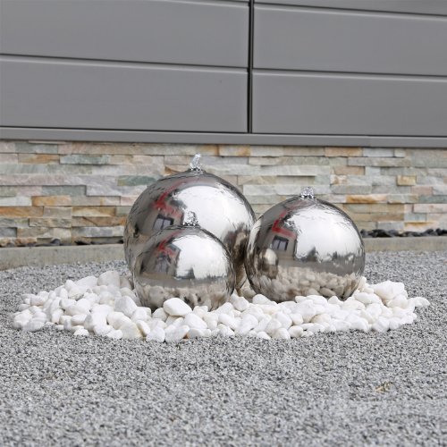 Edelstahl Kugelbrunnen ESB2 Gartenbrunnen inkl. LED Beleuchtung mit 3 Edelstahl Kugeln poliert, Komplettset mit Pumpe, Wasserbecken, LED Leuchten, Verteilern und Schläuchen, Außenbereich, 12V AC - 3