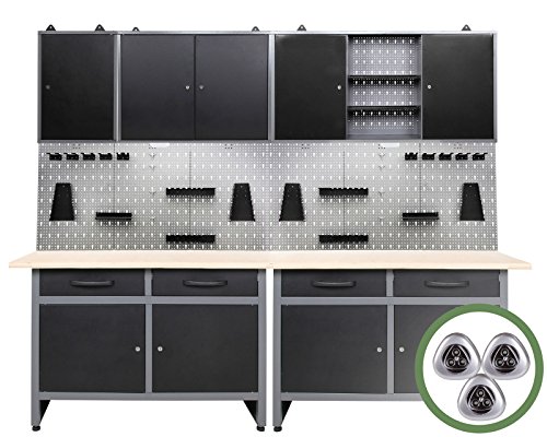 Preisvergleich Produktbild Werkstatteinrichtung 7-teilig Werkbank Werkzeugschrank Werkzeugwand / Lochwand mit Haken + 2x LED Touchlampe 24 LED