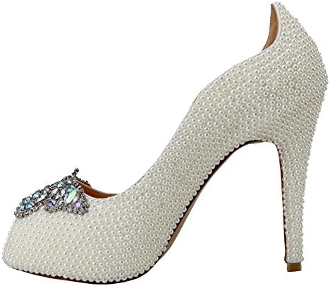 Women Crystal Shoes Thin High Heels White Pearl Butterfly Diamond Handmade Leather Evening Wedding Party Pumps Bride Bridesmaids Sandals . White . 34