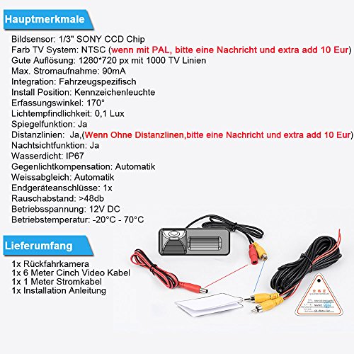 Telecamera Di Retromarcia HD Per Mercedes Vito, Viano, Classe V, Sprinter - 170° Grandangolare, IP68, 1280x720, CCD, Sistema NTSC/PAL