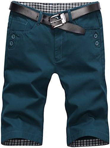 HCIUUI 2018 New Men Cotton Casual Shorts Men Summer Breathable Cargo Short with Button Half Short Trousers No Belt UMA385 Blue Green 34