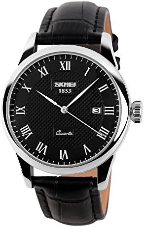 Toopot Mens Quartz Analog Roman Numeral Watch Unique Business Casual Fashion Wristwatch Stainless Steel Case Classic Calendar Date Window 30M Water Resistant Leather Band (BLACK)